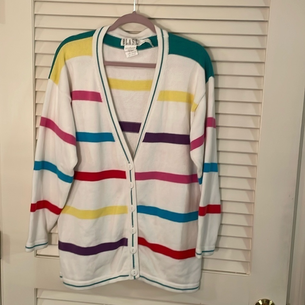 VTG BLAST White Cotton Singular Stripes Happy Multicolor Button Down Sweater